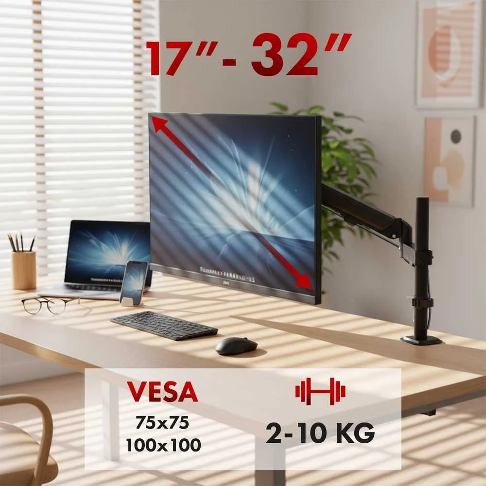 Laikiklis Maclean monitorius mount, gas spring, 17"-32", 2-10kg, juodas, MC-135