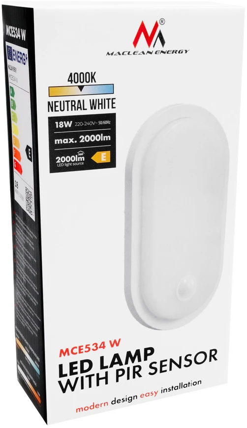 LED lempa su judesio jutikliu Maclean, PIR jutiklis, balta, 10W/15/18W, IP65, galimybė keisti spalvą 3000/4000/6000K, MCE534 W