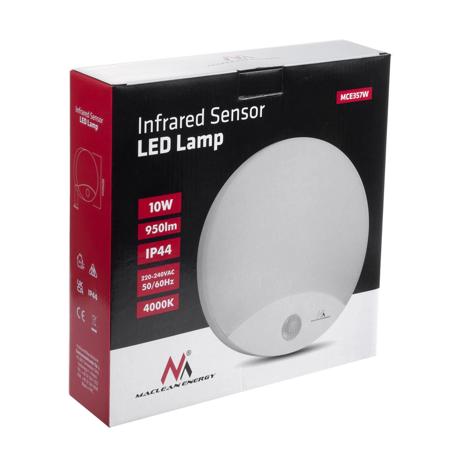 Lubinis šviestuvas Lampa „Maclean“ LED šviestuvas su judesio jutikliu, infraraudonųjų spindulių, baltas, 10 W, IP44, natūrali balta (4000 K), 900 lm, MCE357 W