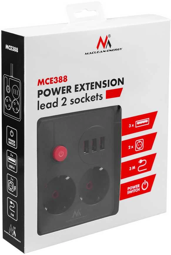 „Maclean“ maitinimo lizdas, ilgintuvas, 2 lizdai + 3xUSB, 110-240V AC 50/60Hz, 2.1A max 2500W, 3 m, juodas, MCE388 B