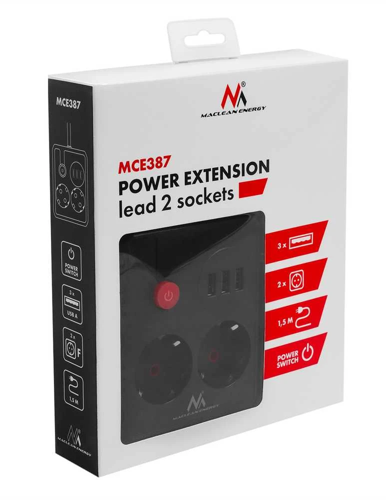 „Maclean“ maitinimo lizdas, ilgintuvas, 2 lizdai + 3xUSB, 110-240V AC 50/60Hz, 2.1A max 2500W, 1.5m, juodas, MCE387 B