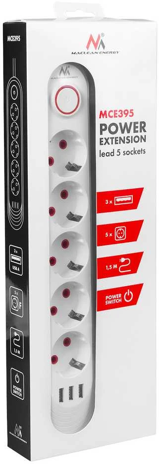 „Maclean“ maitinimo jungtis, 5 lizdų prailgintuvas + 3xUSB, 110-240V AC 50/60Hz, 2.1A max 2500W, 1.5m, baltas, MCE395 W