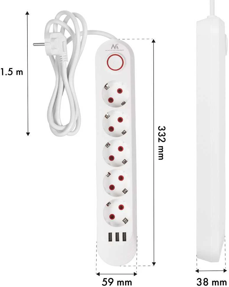 „Maclean“ maitinimo jungtis, 5 lizdų prailgintuvas + 3xUSB, 110-240V AC 50/60Hz, 2.1A max 2500W, 1.5m, baltas, MCE395 W