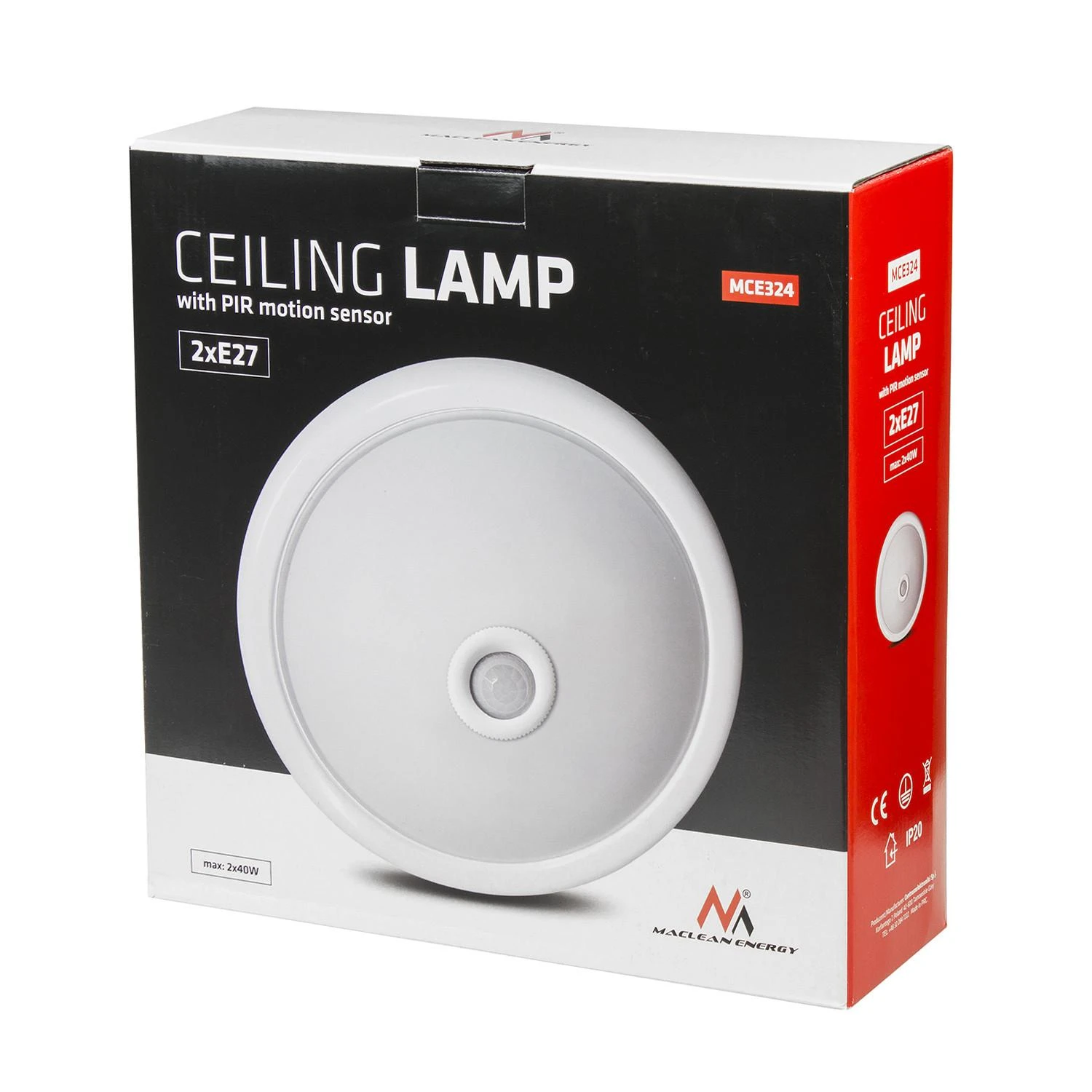 Plafon „Maclean“ lubinis šviestuvas su PIR jutikliu, keičiamu šviesos šaltiniu, 2 x maks. 40 W, E27, 220–240 V ~ 50/60 Hz, MCE324