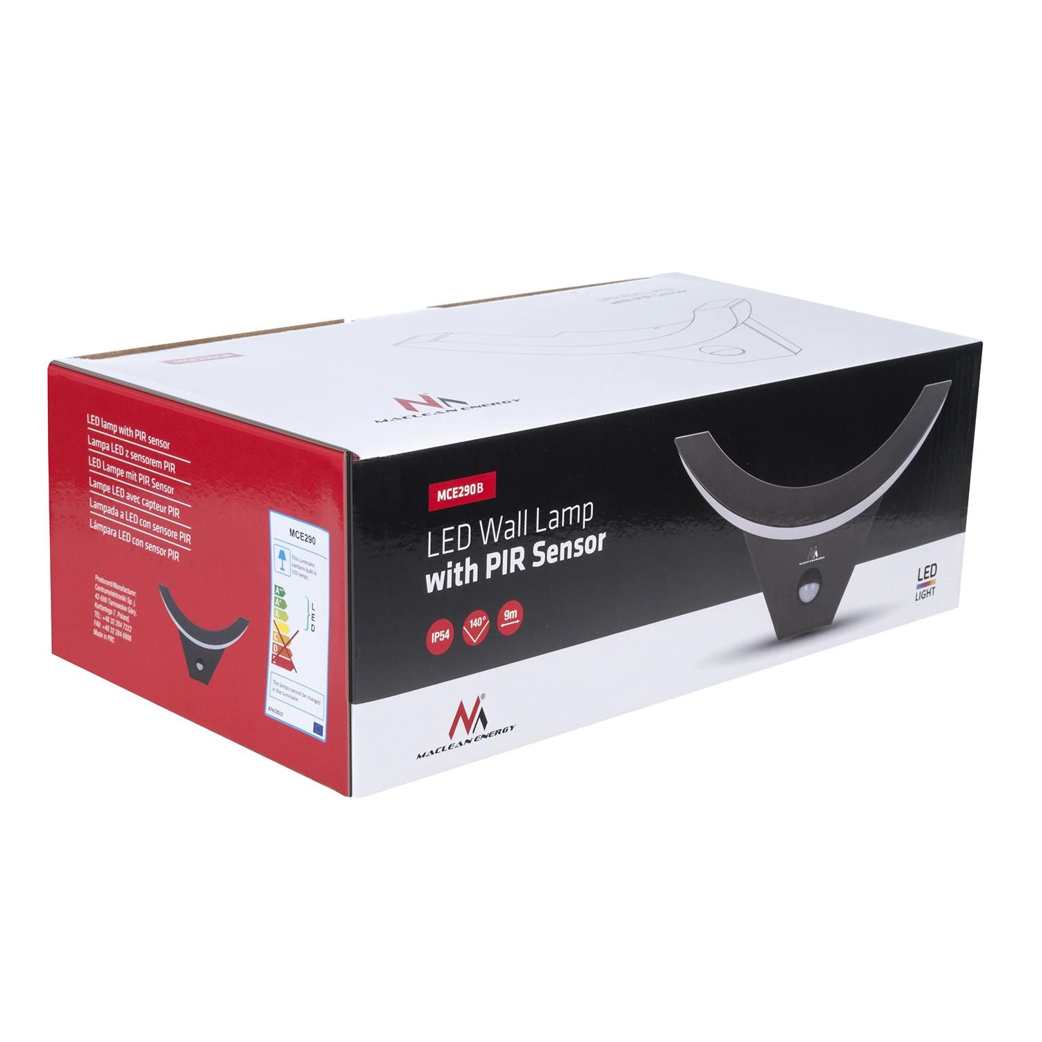 Sieninis šviestuvas MACLEAN MCE290B LED lempa su infraraudonuoju judesio jutikliu 800lm 10W IP54 juodas