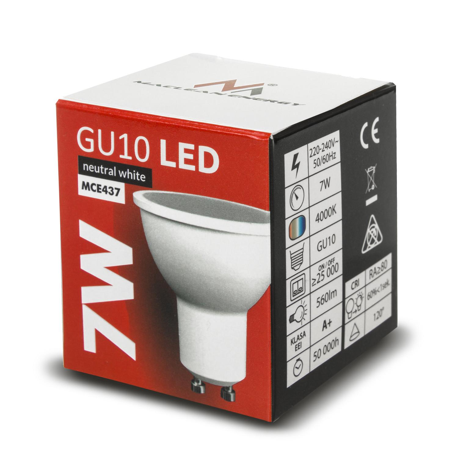 „Maclean“ LED lemputė, GU10, 7 W, 220–240 V, 50/60 Hz, neutrali balta spalva, 4000 K, 490 liumenų, MCE437 NW