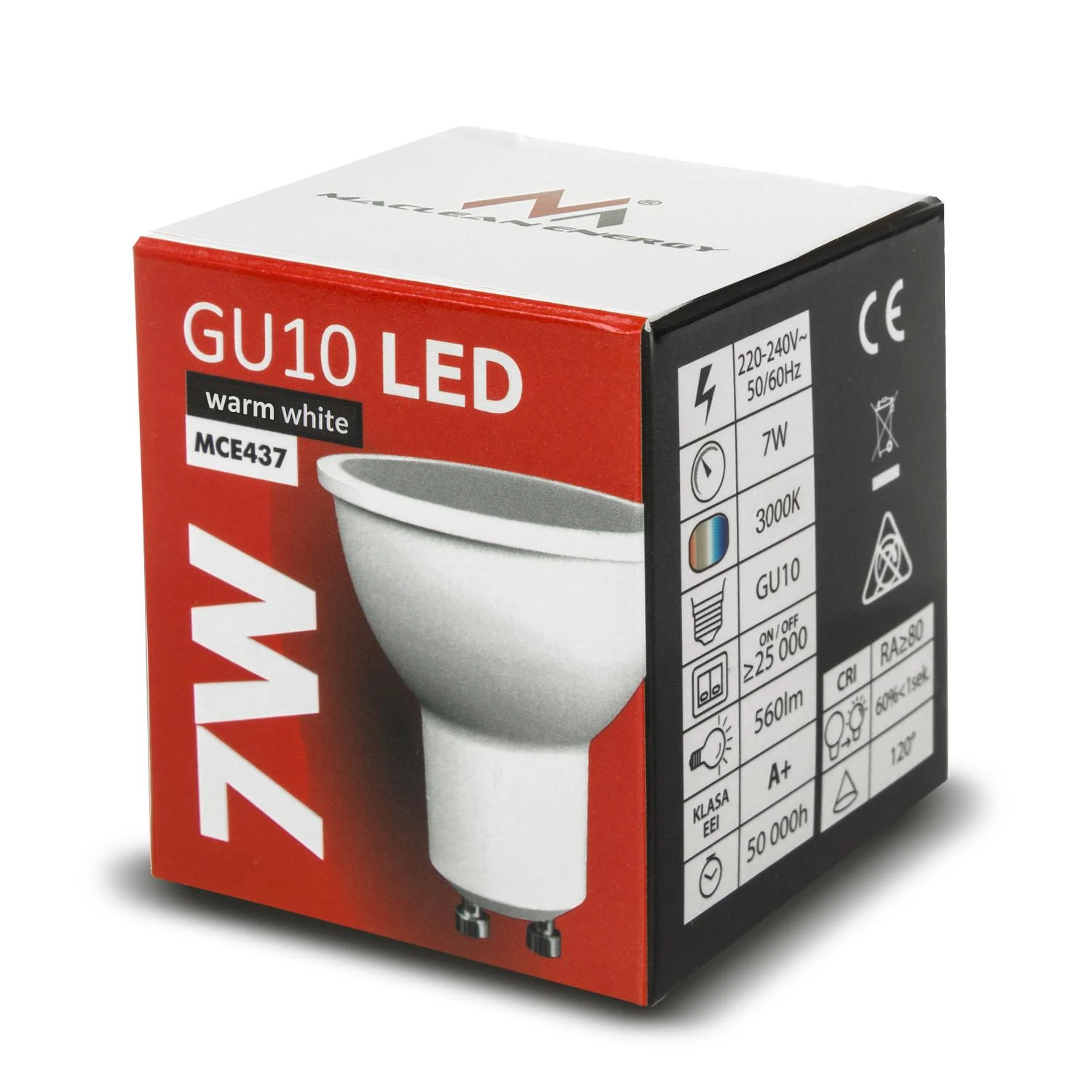 „Maclean“ LED lemputė, GU10, 7 W, 220–240 V, 50/60 Hz, šiltai balta, 3000 K, 490 liumenų, MCE437 WW