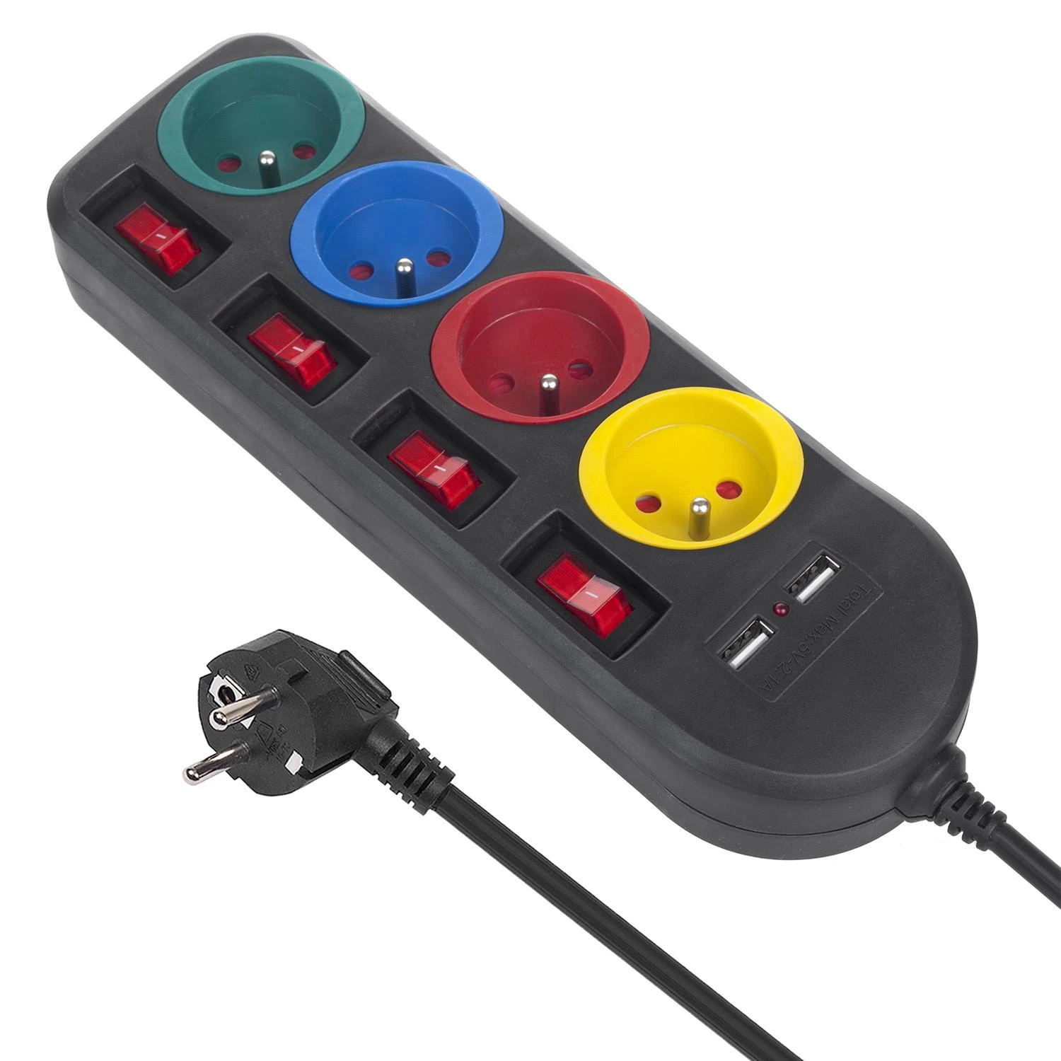 Maclean maitinimo juostelė, 4 lizdų ilgintuvas + 2xUSB, su jungikliais, 250VAC/10A, 2.1A 5V, 1.5m, juodas, MCE229 B