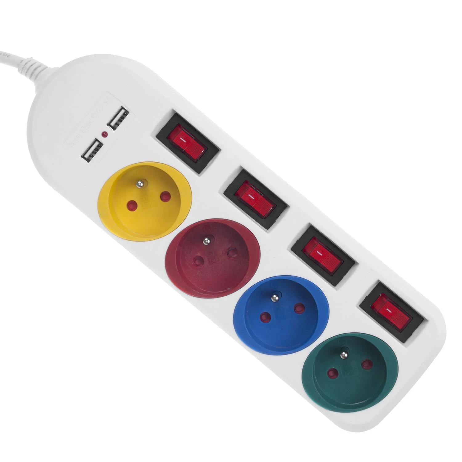 Maclean maitinimo juostelė, ilgintuvas 4 lizdai + 2xUSB, su jungikliais, 250VAC/10A, 2.1A 5V, 1.5m, baltas, MCE229 W