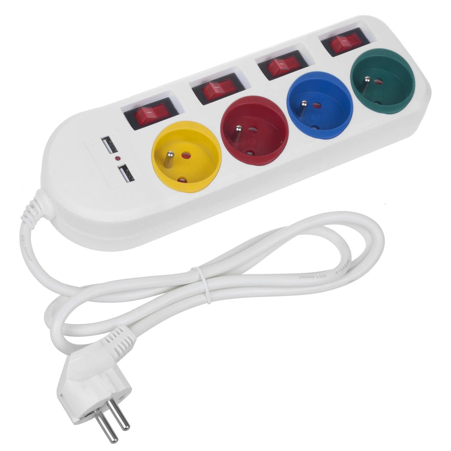 Maclean maitinimo juostelė, ilgintuvas 4 lizdai + 2xUSB, su jungikliais, 250VAC/10A, 2.1A 5V, 1.5m, baltas, MCE229 W