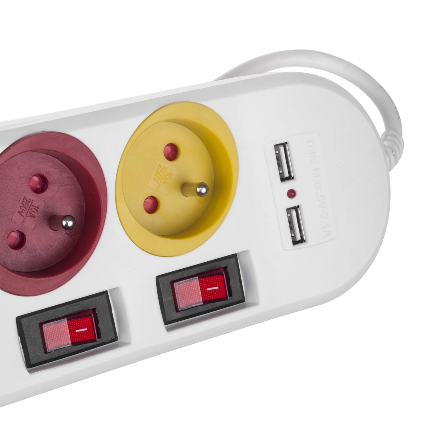 Maclean maitinimo juostelė, ilgintuvas 4 lizdai + 2xUSB, su jungikliais, 250VAC/10A, 2.1A 5V, 1.5m, baltas, MCE229 W