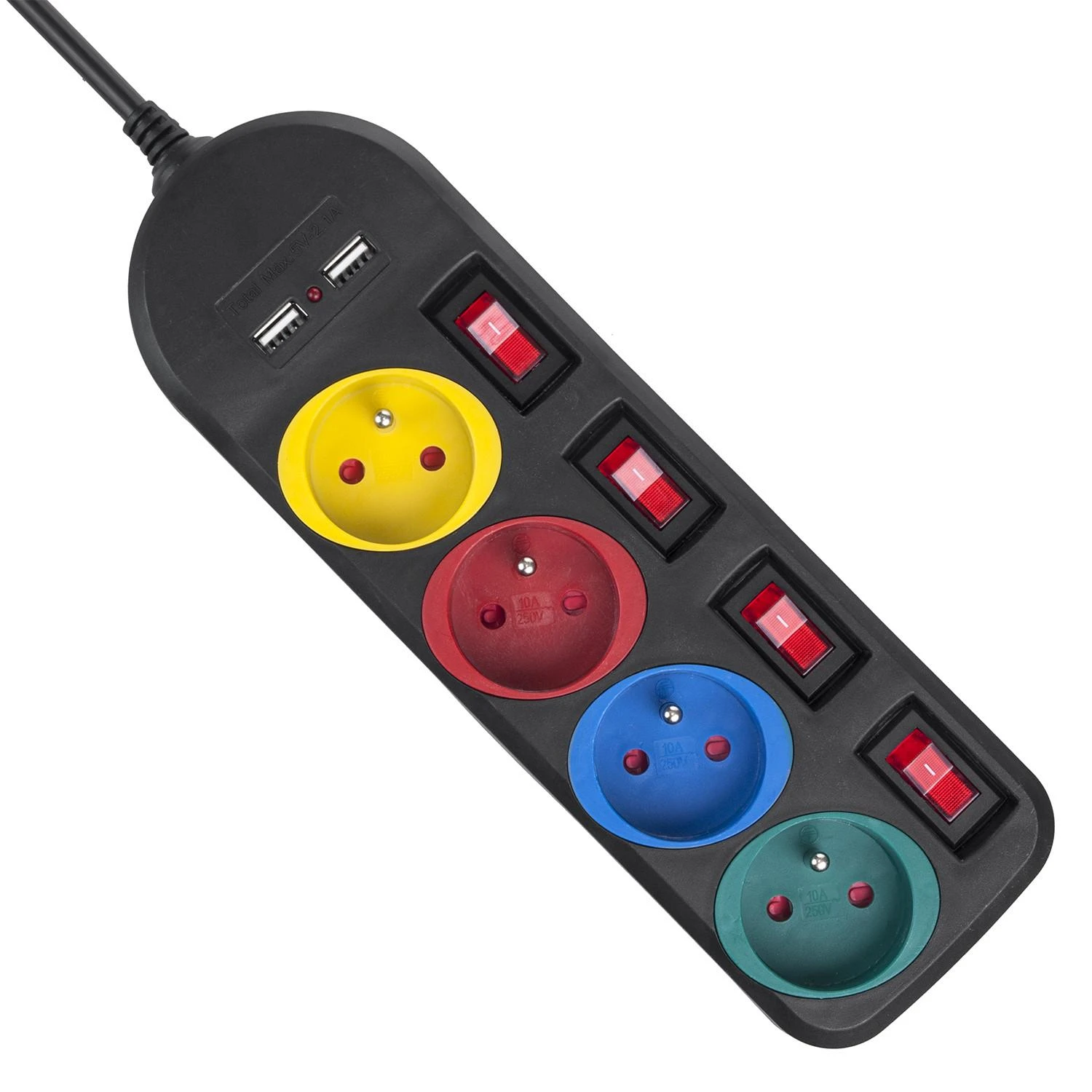 Maclean maitinimo juostelė, 4 lizdų ilgintuvas + 2xUSB, su jungikliais, 250VAC/10A, 2.1A 5V, 1.5m, juodas, MCE229 B