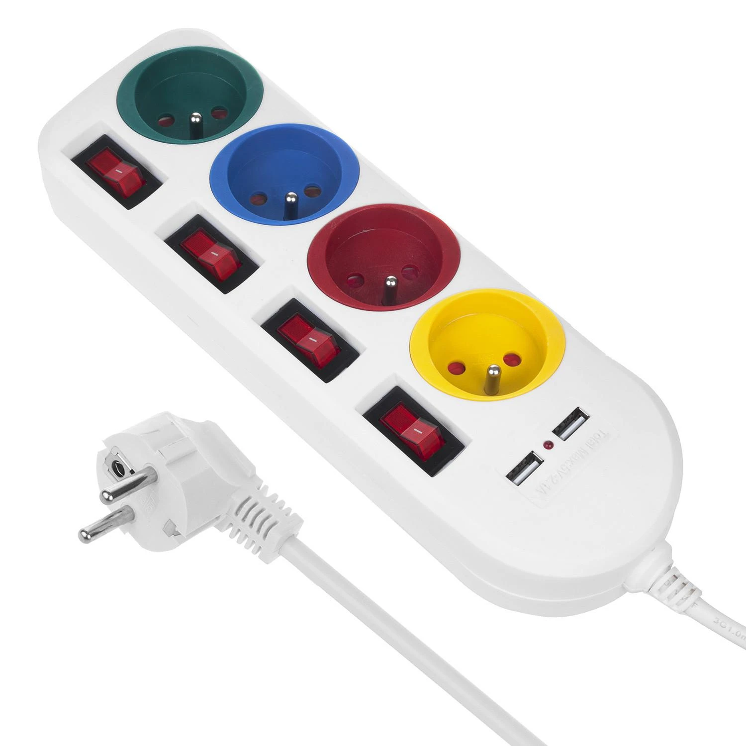 Maclean maitinimo juostelė, ilgintuvas 4 lizdai + 2xUSB, su jungikliais, 250VAC/10A, 2.1A 5V, 1.5m, baltas, MCE229 W