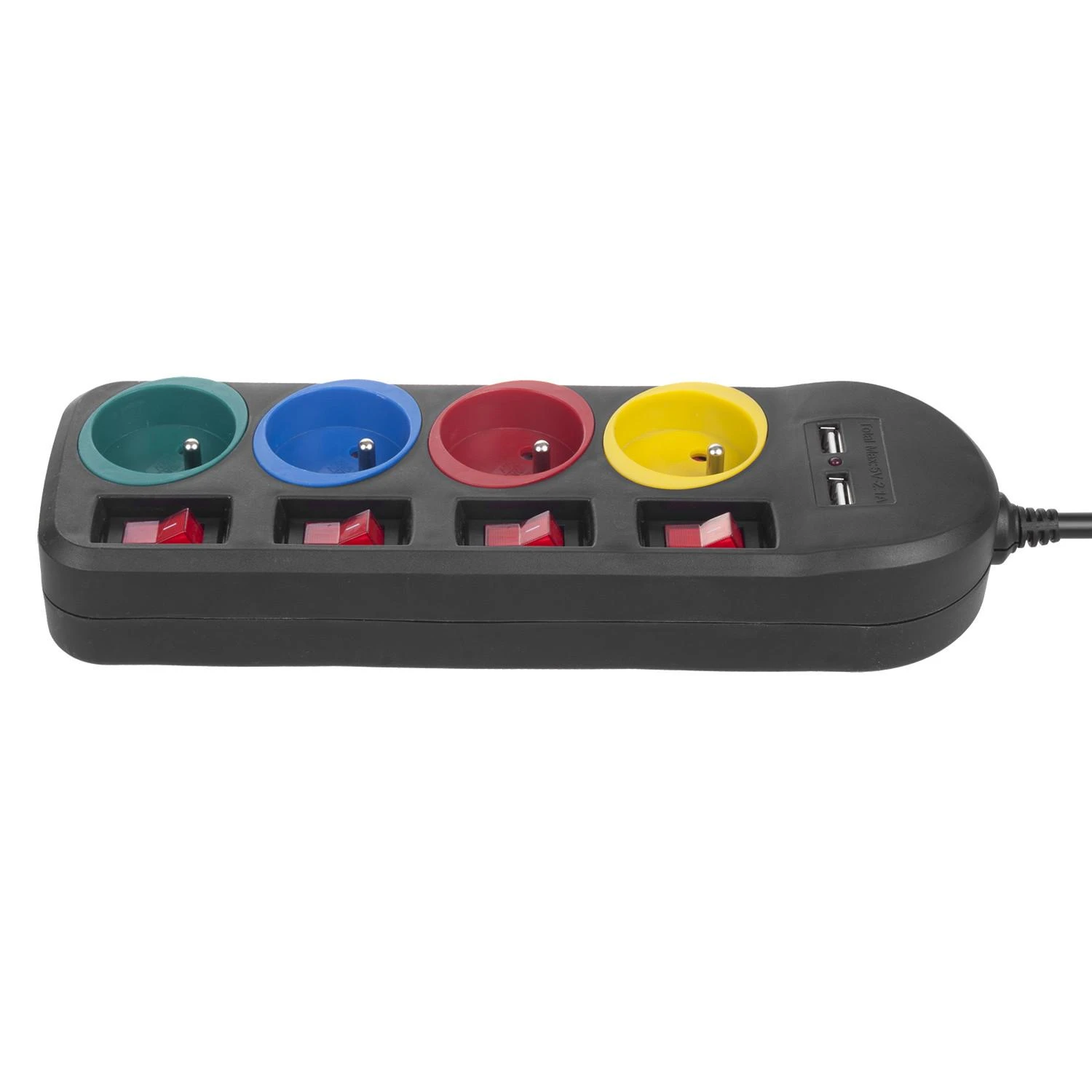 Maclean maitinimo juostelė, 4 lizdų ilgintuvas + 2xUSB, su jungikliais, 250VAC/10A, 2.1A 5V, 1.5m, juodas, MCE229 B