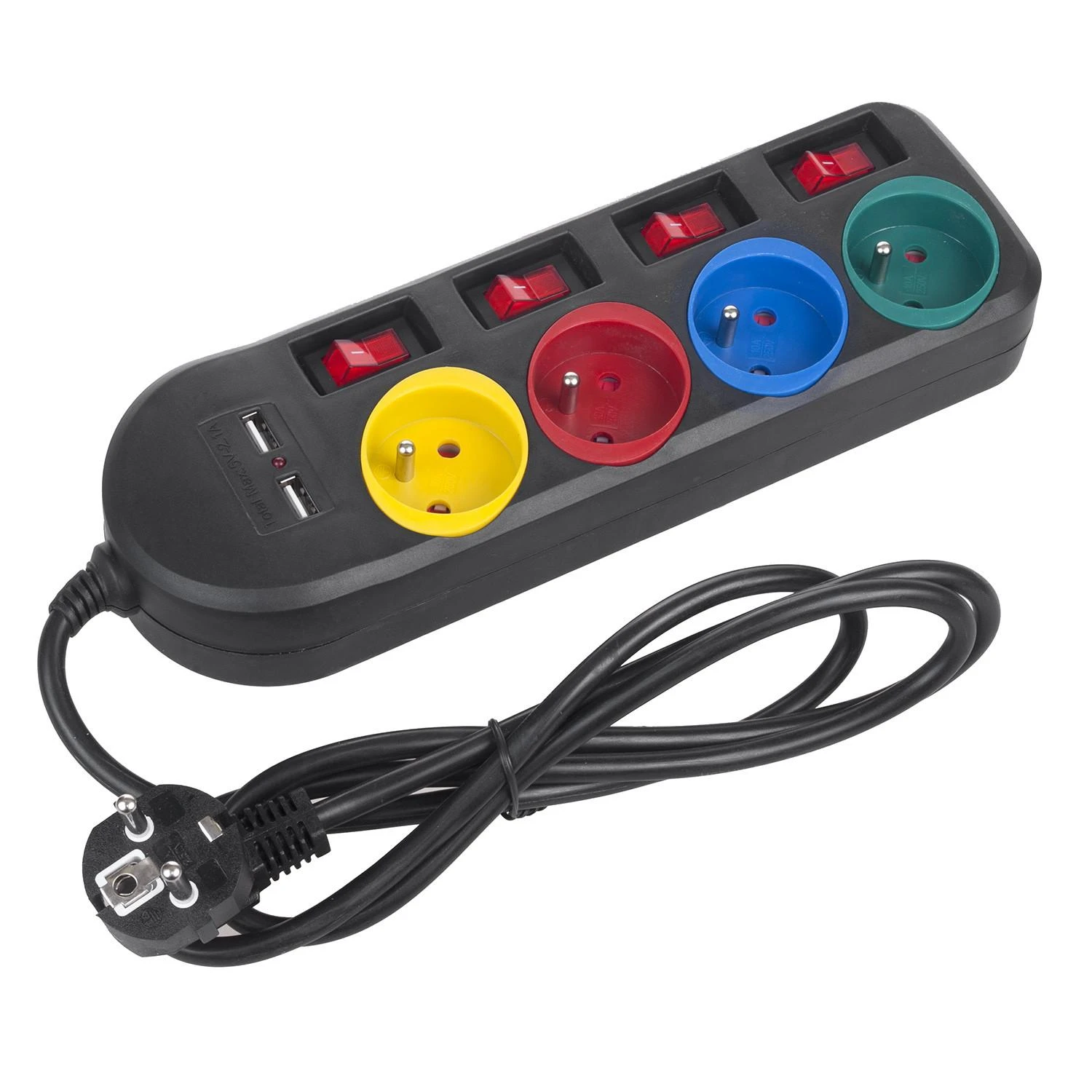 Maclean maitinimo juostelė, 4 lizdų ilgintuvas + 2xUSB, su jungikliais, 250VAC/10A, 2.1A 5V, 1.5m, juodas, MCE229 B
