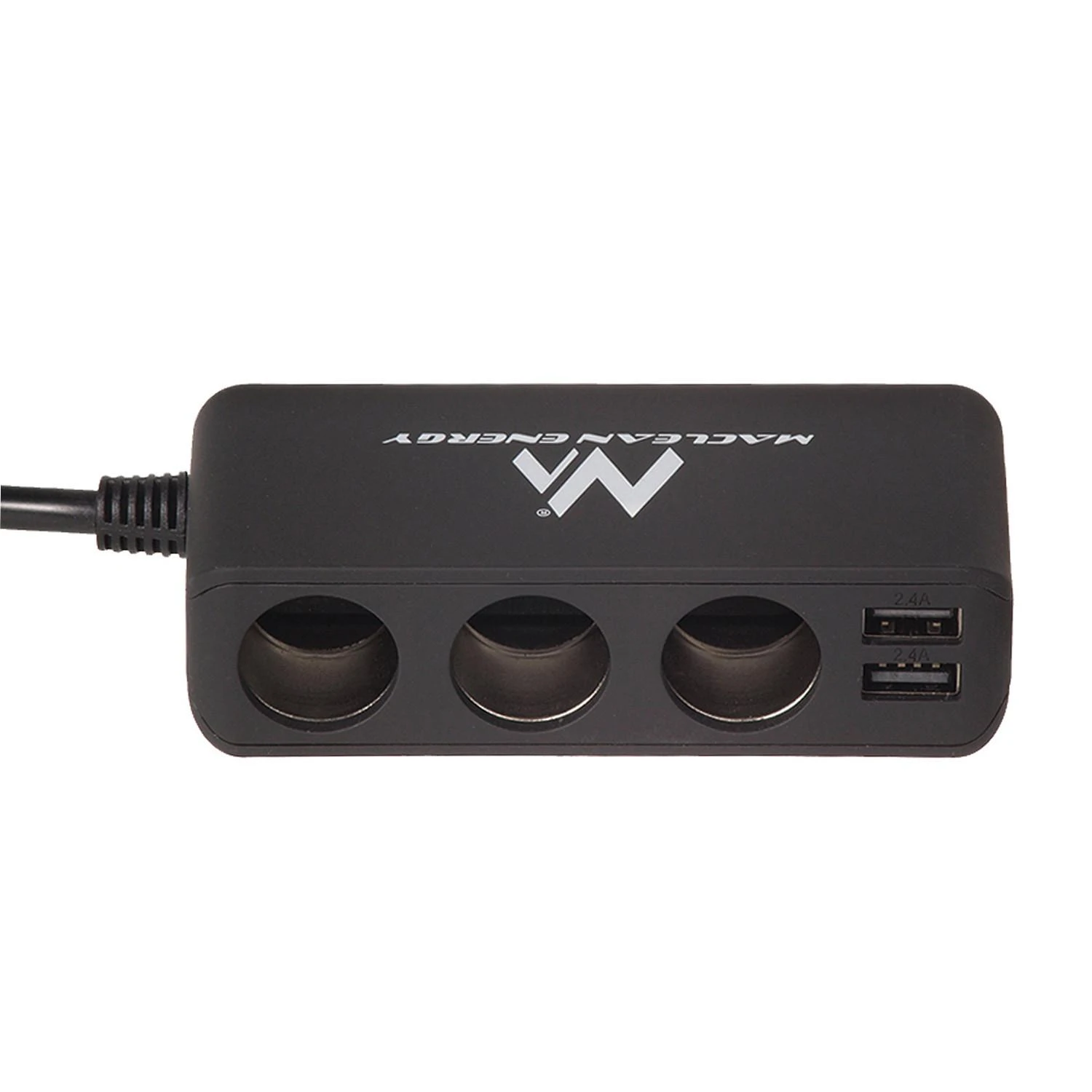 Rozdzielacz „Maclean“ automobilio cigarečių degiklio lizdo skirstytuvas, voltmetras, 3 cigarečių degiklio lizdai, 4xUSB, 4,8A, maks. 120W, juodas, gumuotas
