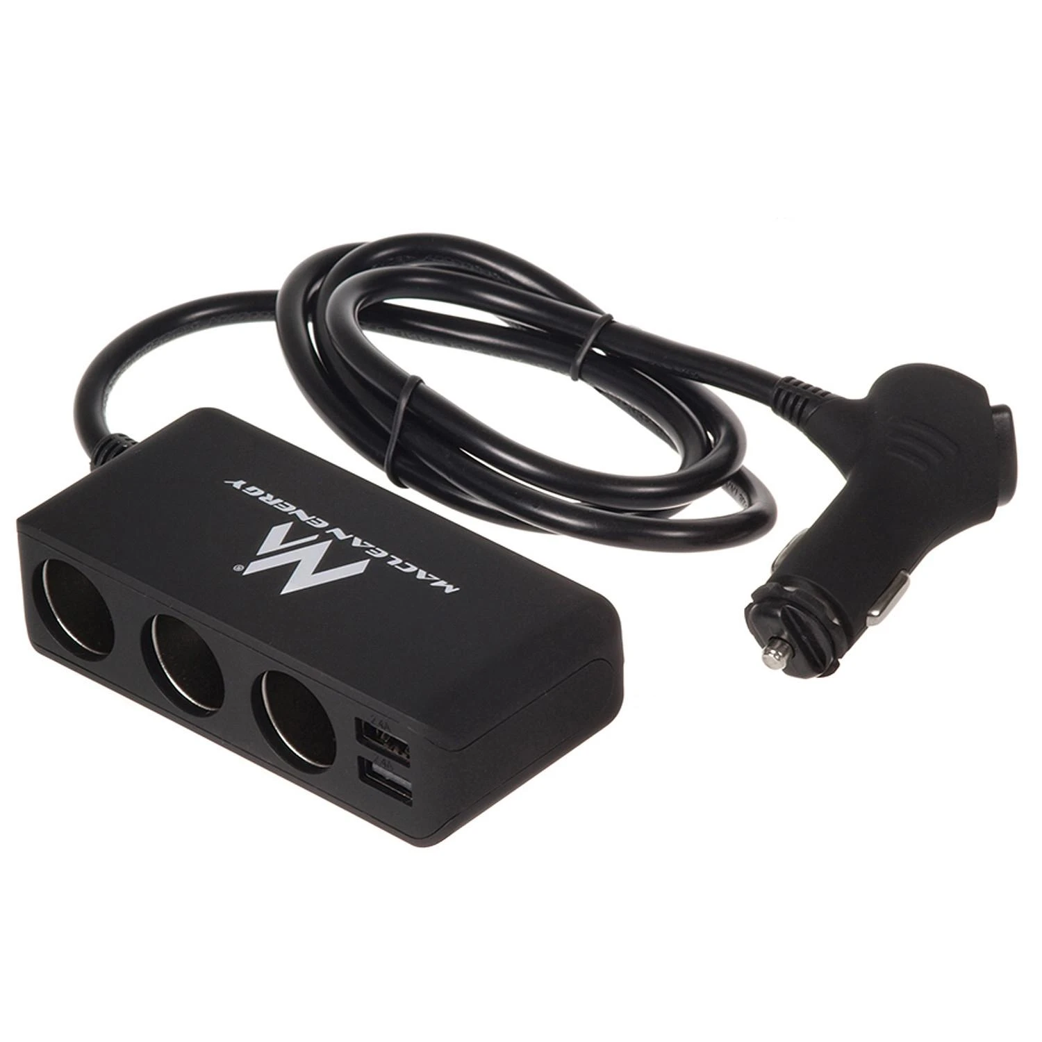 Rozdzielacz „Maclean“ automobilio cigarečių degiklio lizdo skirstytuvas, voltmetras, 3 cigarečių degiklio lizdai, 4xUSB, 4,8A, maks. 120W, juodas, gumuotas