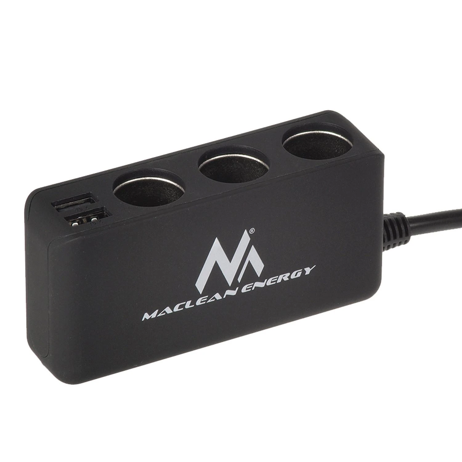 Rozdzielacz „Maclean“ automobilio cigarečių degiklio lizdo skirstytuvas, voltmetras, 3 cigarečių degiklio lizdai, 4xUSB, 4,8A, maks. 120W, juodas, gumuotas
