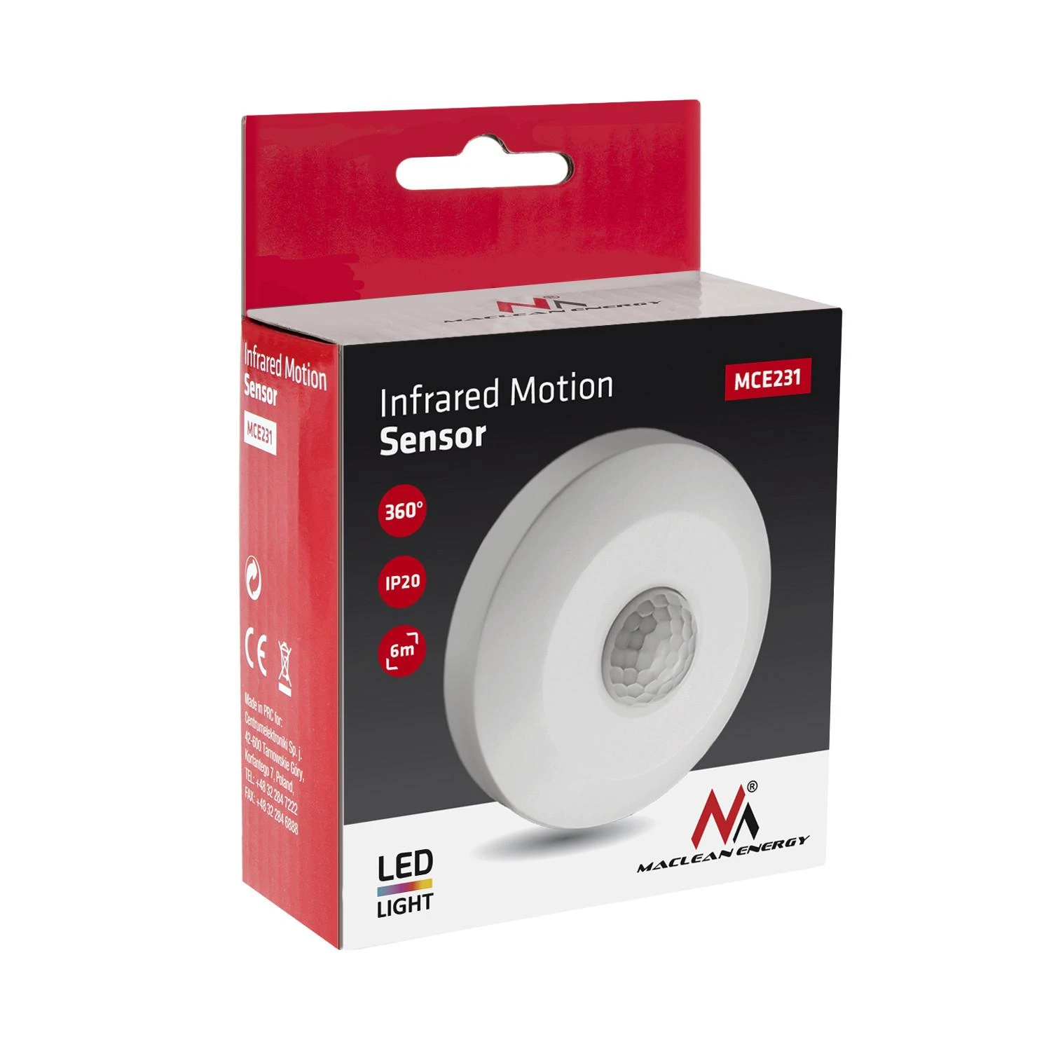 Czujnik „Maclean“ PIR judesio jutiklis, lubinis, 6 m veikimo nuotolis, maks. 100 W (LED), MCE231