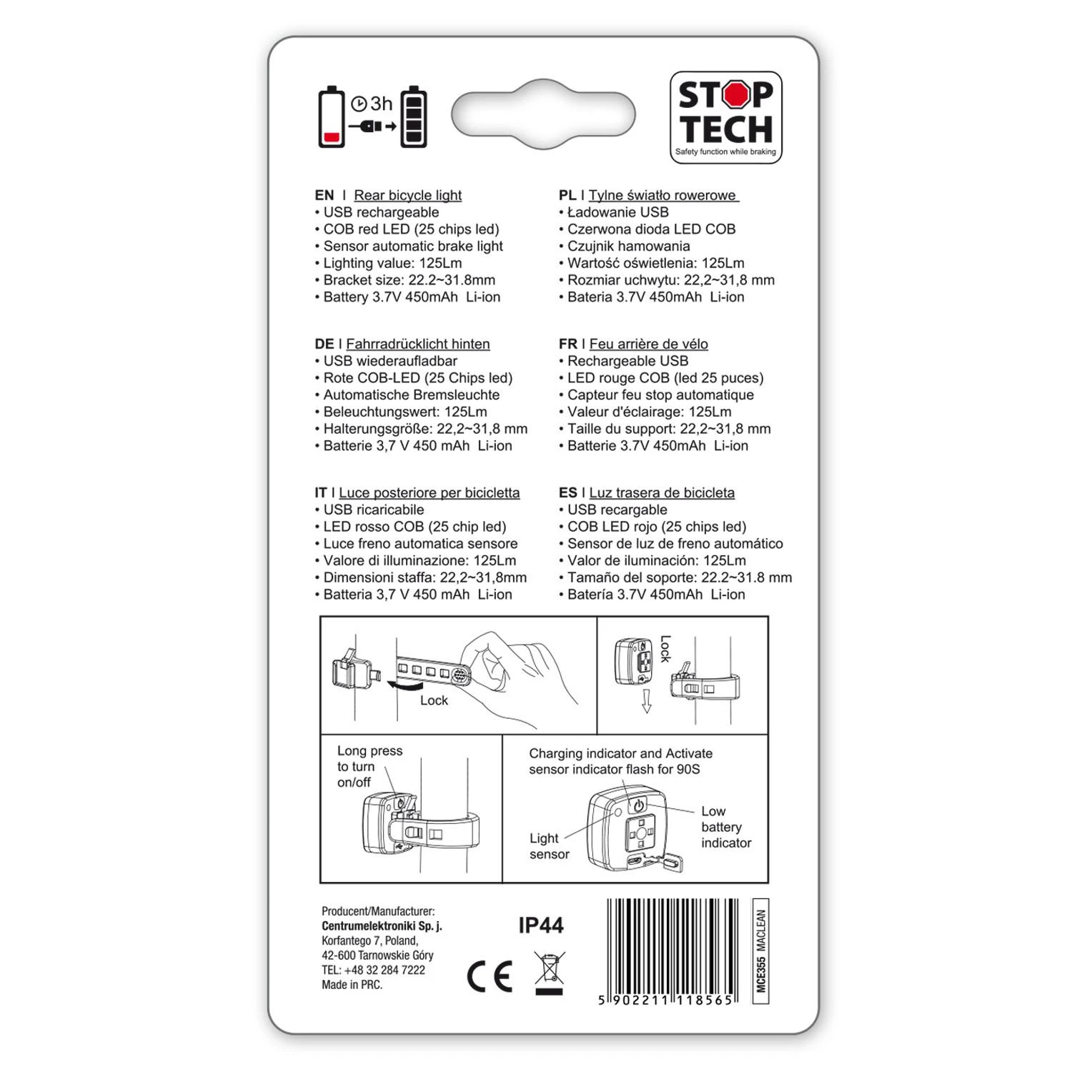 Lampka „Maclean“ LED galinis dviračio žibintas, prieblandos jutiklis, USB automatinis išsijungimas COB, maks. 125 lm, 450 mAh baterija, MCE355