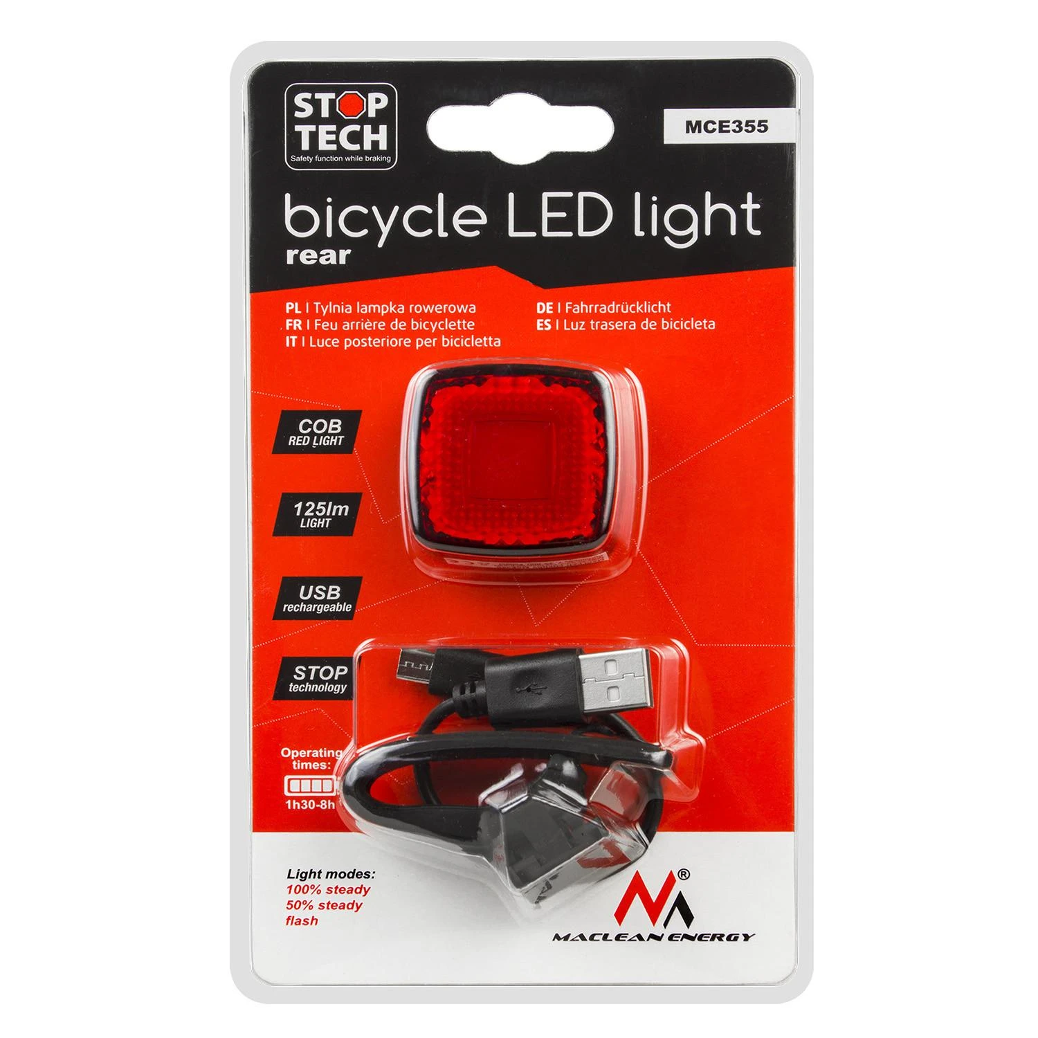 Lampka „Maclean“ LED galinis dviračio žibintas, prieblandos jutiklis, USB automatinis išsijungimas COB, maks. 125 lm, 450 mAh baterija, MCE355