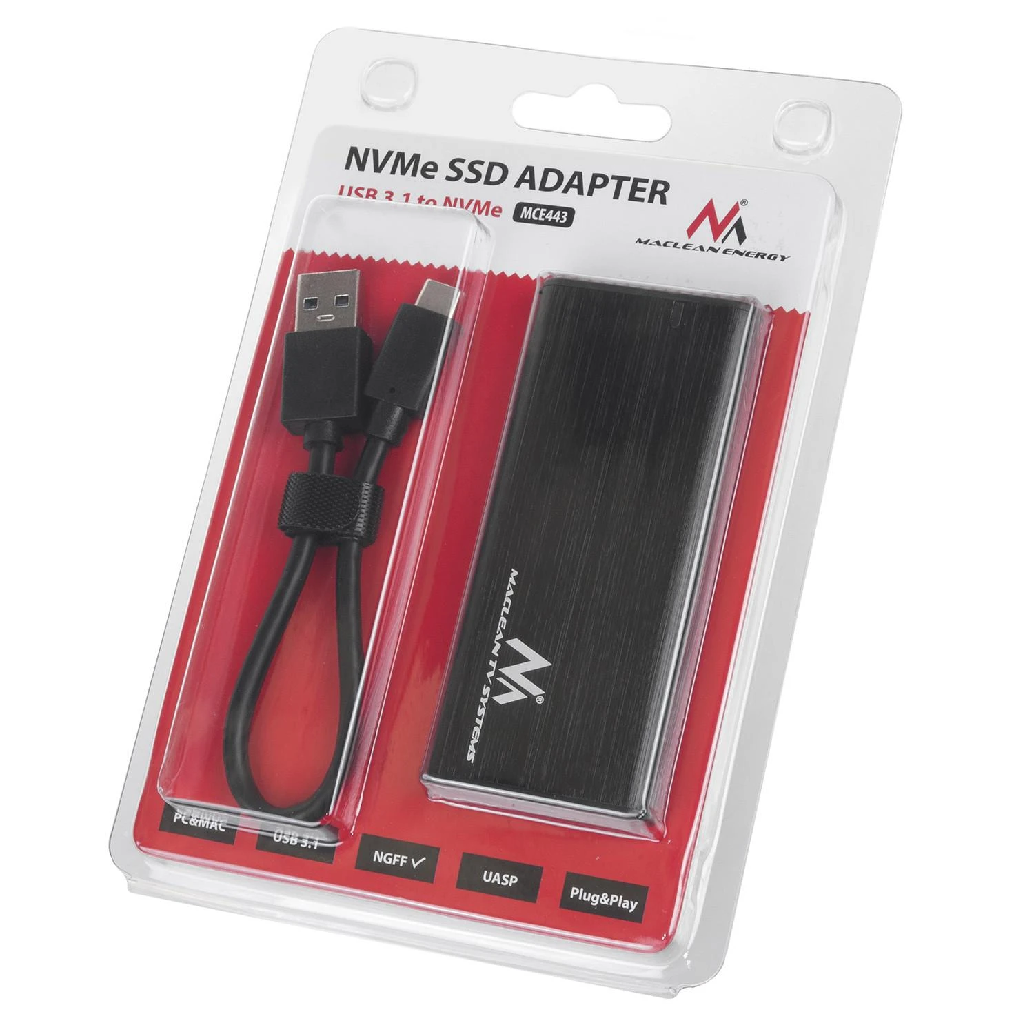 Obudowa „Maclean“ SSD korpusas, M.2, NVMe (PCIe), NGFF (SATA), USB 3.1, dydžiai 2230/2240/2260/2280, aliuminio korpusas, MCE443