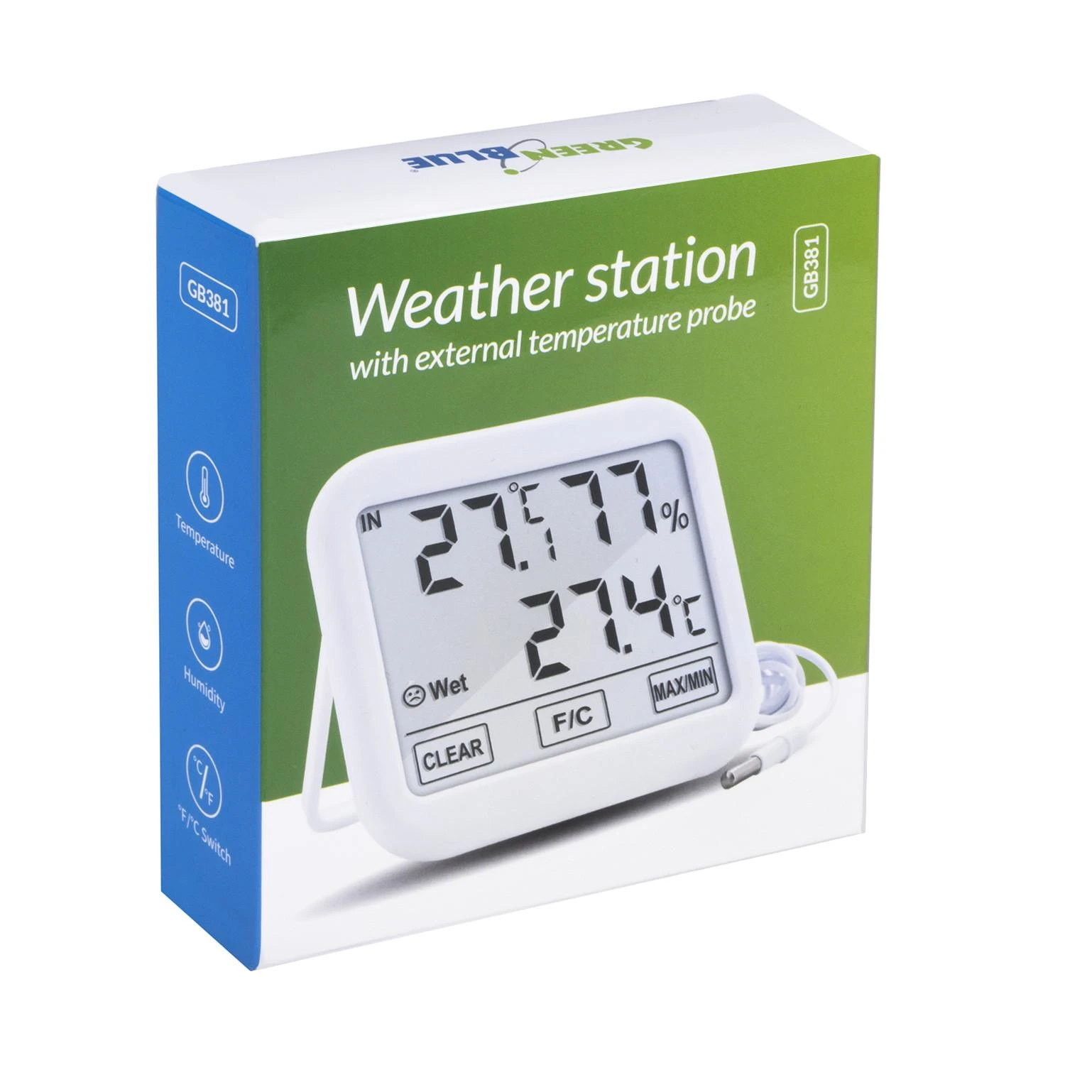 GreenBlue Stacja Meteorologinė stotelė su išoriniu zondu 1,5 m žaliai mėlyna, laido ilgis 1,5 m, 2 x AAA baterijos, GB381