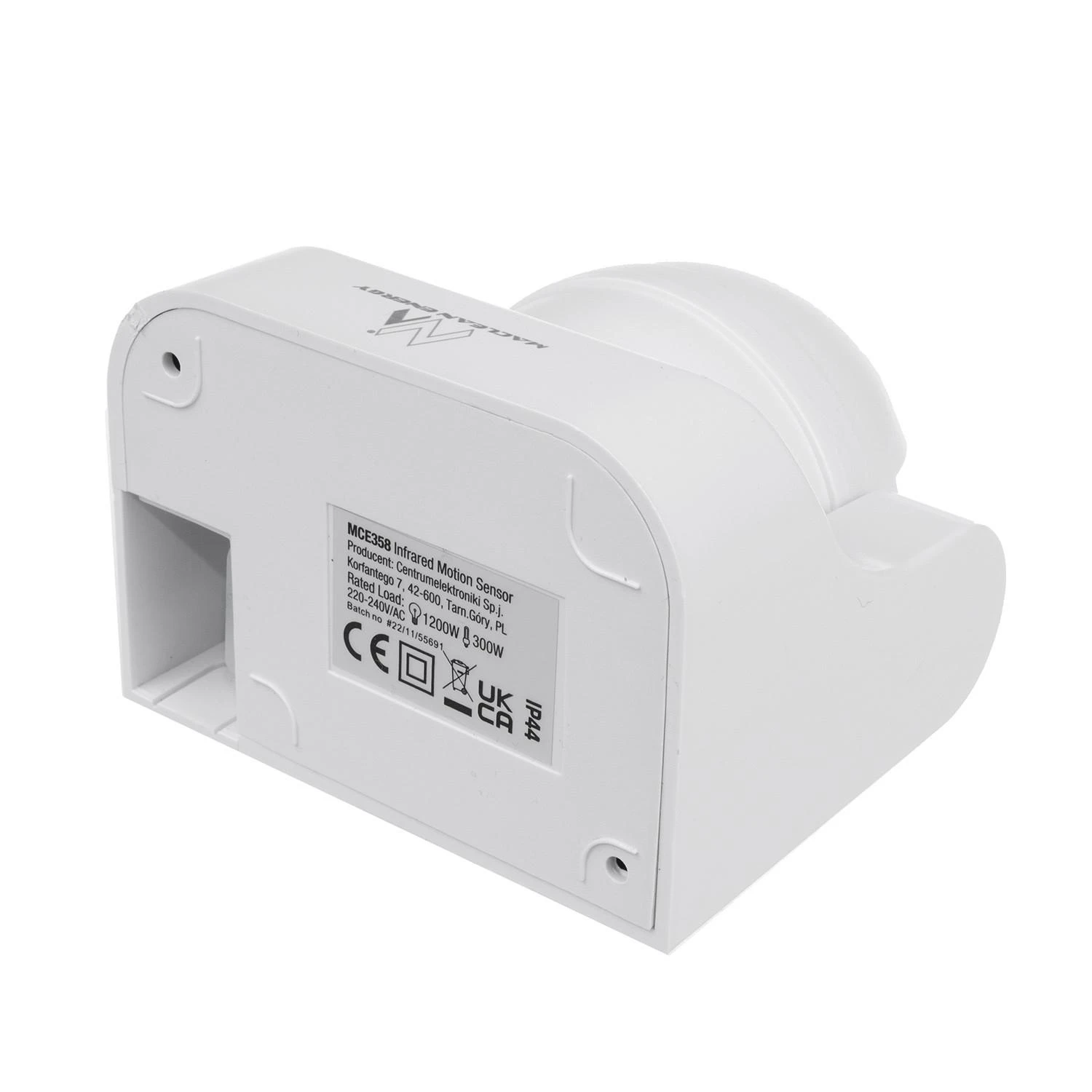 Czujnik „Maclean“ PIR judesio jutiklis, infraraudonųjų spindulių, IP44, baltas, veikimo nuotolis 12 m, maksimali apkrova 800/1200 W, MCE358 W