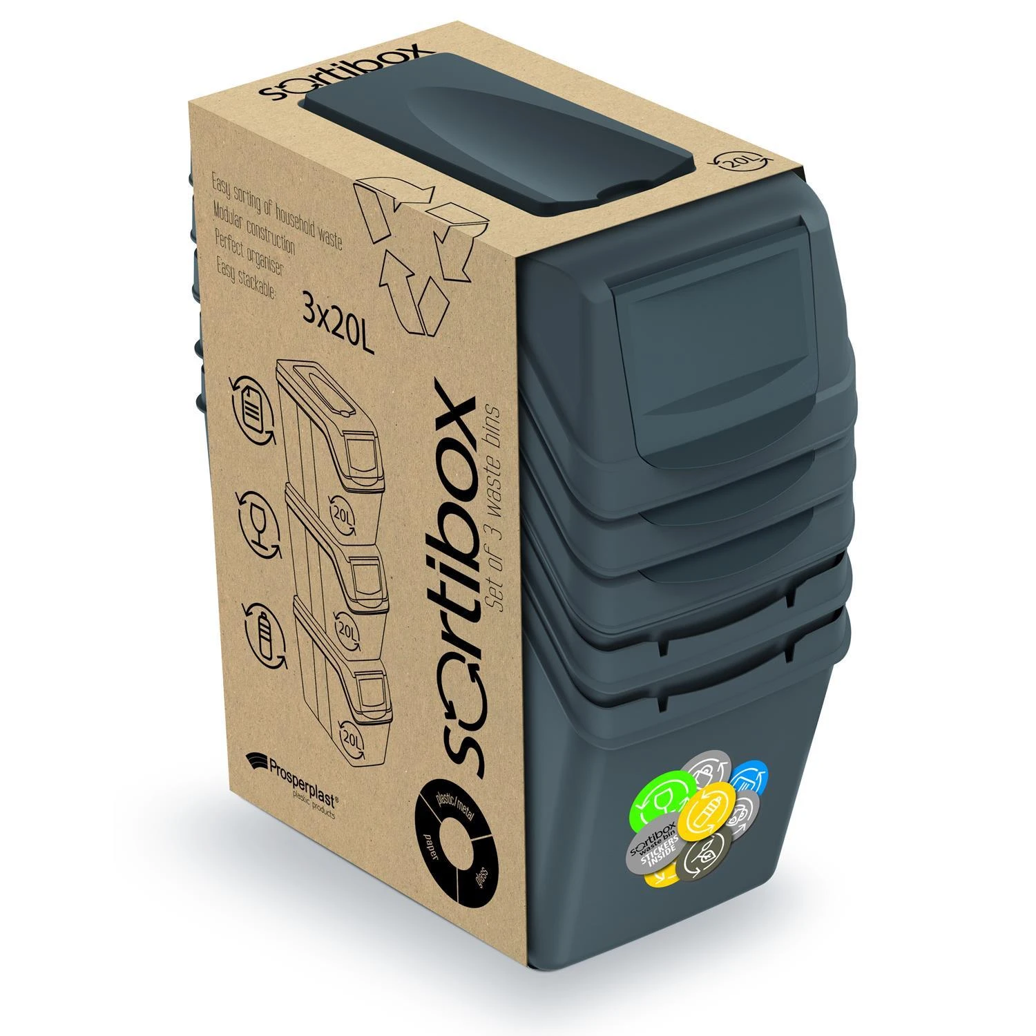 Prosperplast Šiukšliadėžių rinkinys 20l SORTIBOX 3 vnt.