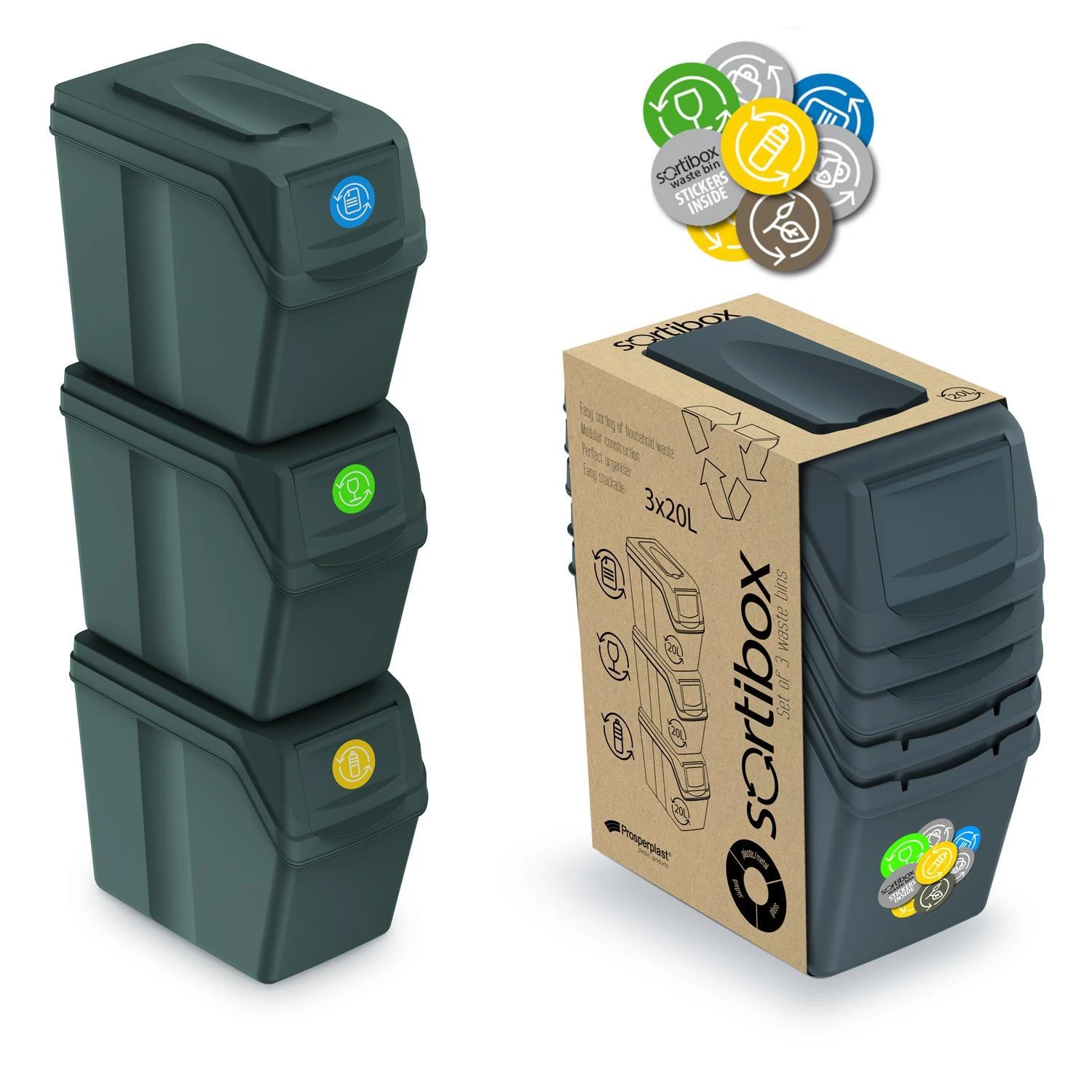 Prosperplast Šiukšliadėžių rinkinys 20l SORTIBOX 3 vnt.