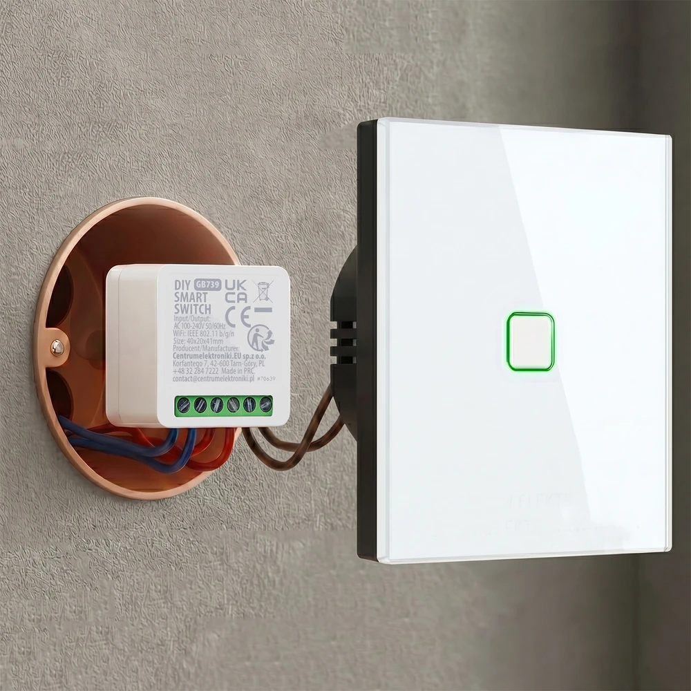 „GreenBlue“ įleidžiama „WiFi“ relė, skirta „Android“ / „iOS“ / „Alexa“ / „Google Home“, 100–240 V kintamoji srovė, 50/60 Hz, maks. 16 A, skirta 150 W šviesos diodams, GB739