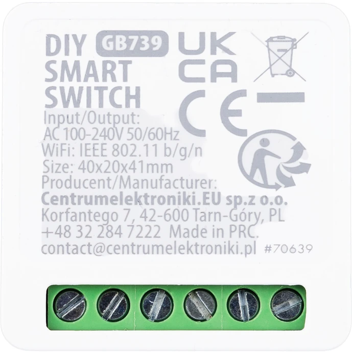 „GreenBlue“ įleidžiama „WiFi“ relė, skirta „Android“ / „iOS“ / „Alexa“ / „Google Home“, 100–240 V kintamoji srovė, 50/60 Hz, maks. 16 A, skirta 150 W šviesos diodams, GB739