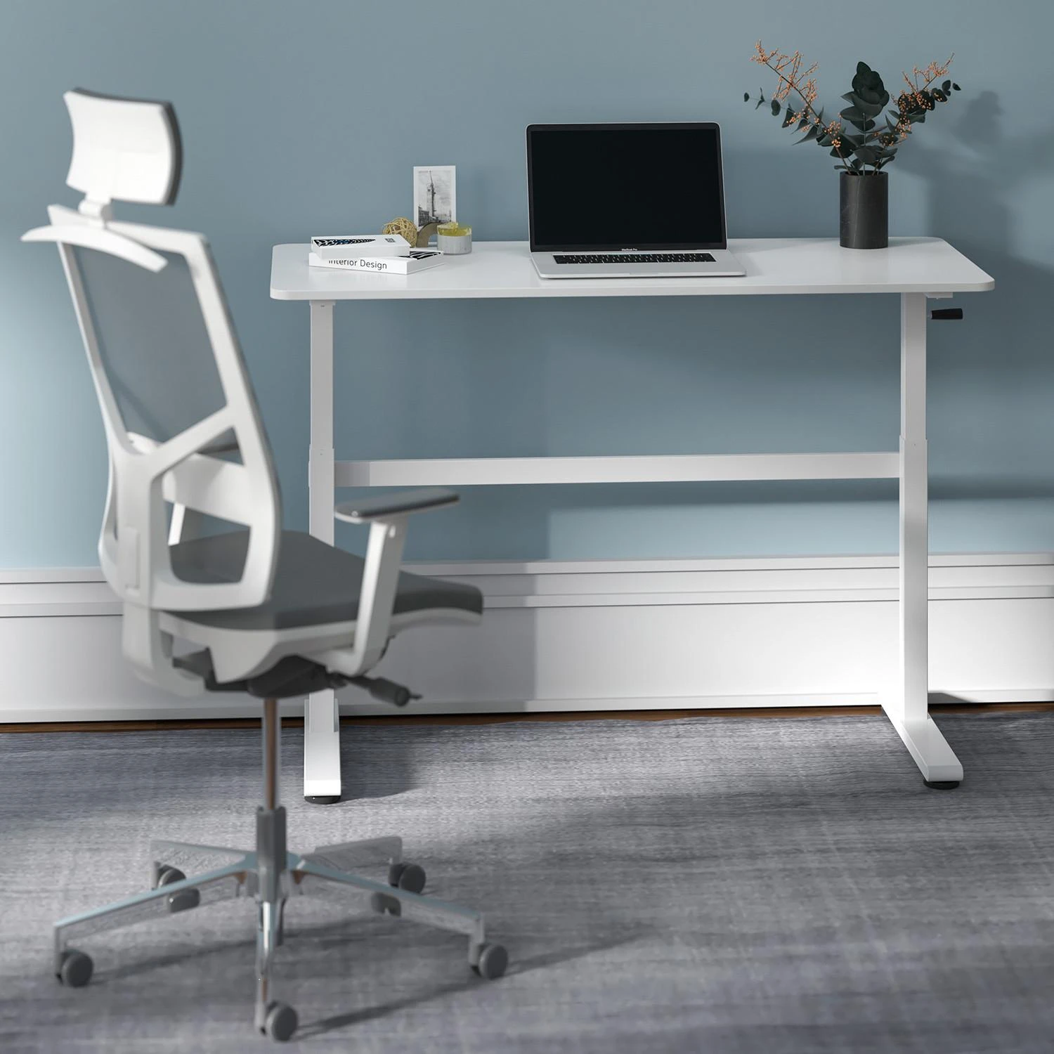 Ergo Office ER-401 Sėdimas stalas 140x60cm Rankiniu būdu reguliuojamo aukščio Biuro stalas max 117cm Ergonomiškas stalas, apkraunamas iki 40kg baltas