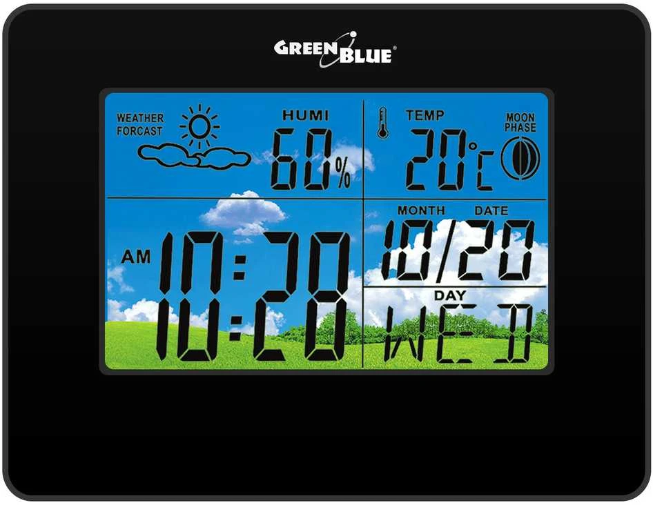 GreenBlue Stacja Meteorologinė stotelė, laikrodis, kalendorius, mėnulio fazė, žalia, mėlyna, GB148B, juoda
