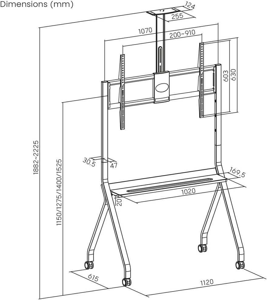 Laikiklis „Maclean“ televizoriaus stovas / vežimėlis, lentyna kamerai, su ratukais, 55–100", maks. apkrova 120 kg / 10 kg lentynos, maks. VESA 900x600, juodas, MC-114 B