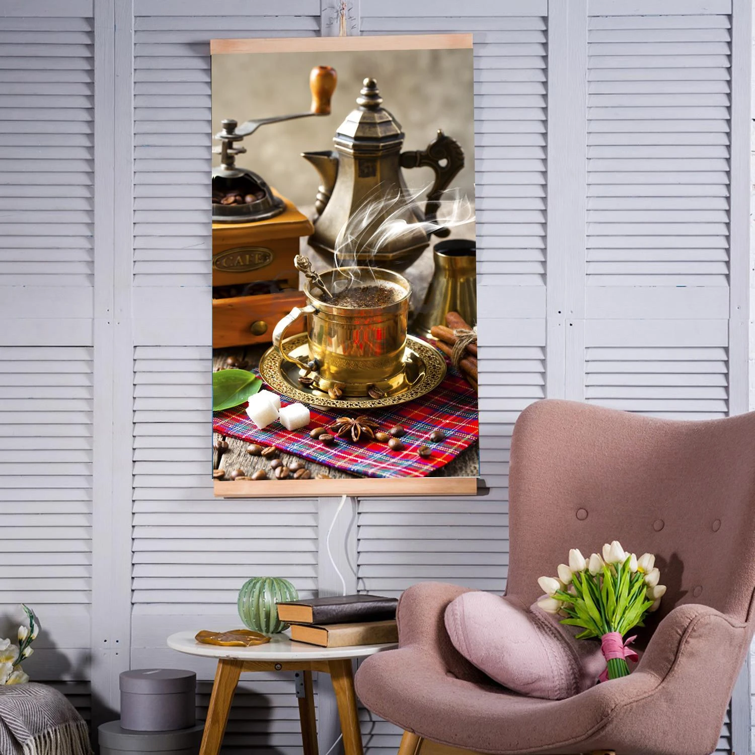 Šildytuvas Infraraudonųjų spindulių šildytuvas - lanksti šildymo plokštė 430 W TRIO 5 kavos modelis, matmenys 100 x 57 cm su reguliatoriumi