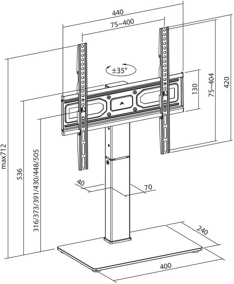 Laikiklis „Maclean“ universalus televizoriaus stovas, RTV spintelei, stovas, maks. 40 kg, maks. VESA 400x400, aukščio ir kampo reguliavimas, 32–65 colių televizoriams, MC-1240
