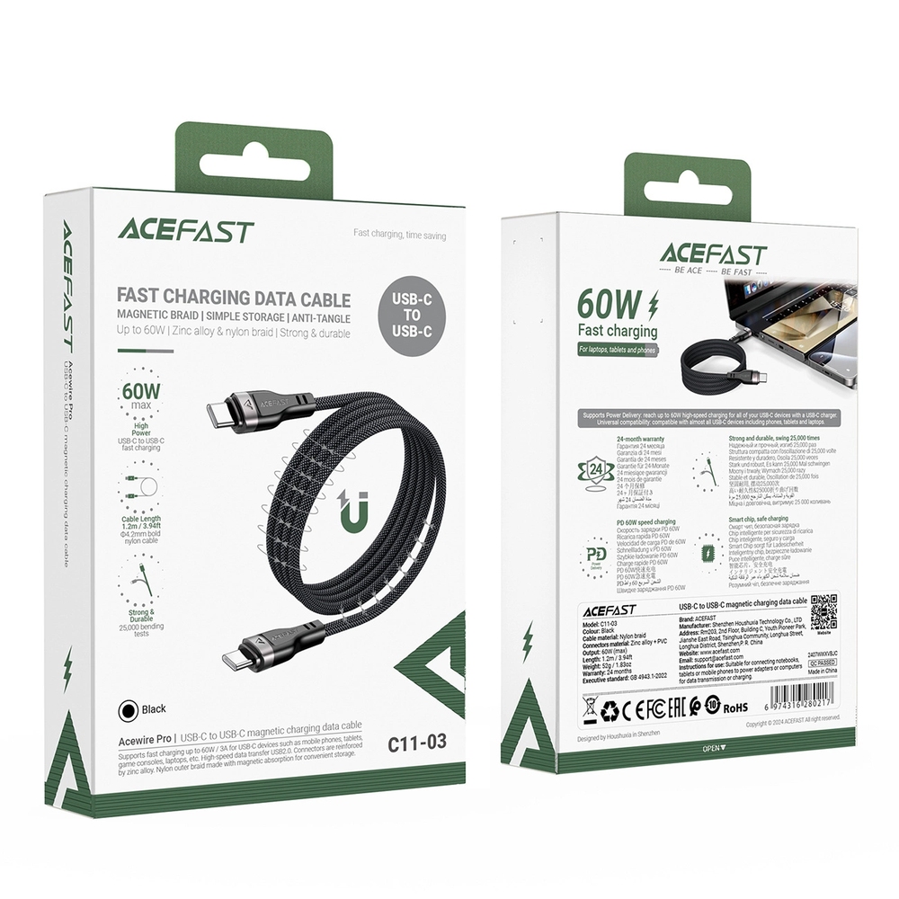 3in1 kabelis Acefast C11-03 USB-C - USB-C 480Mb/s 100W 1.2m - juodos spalvos