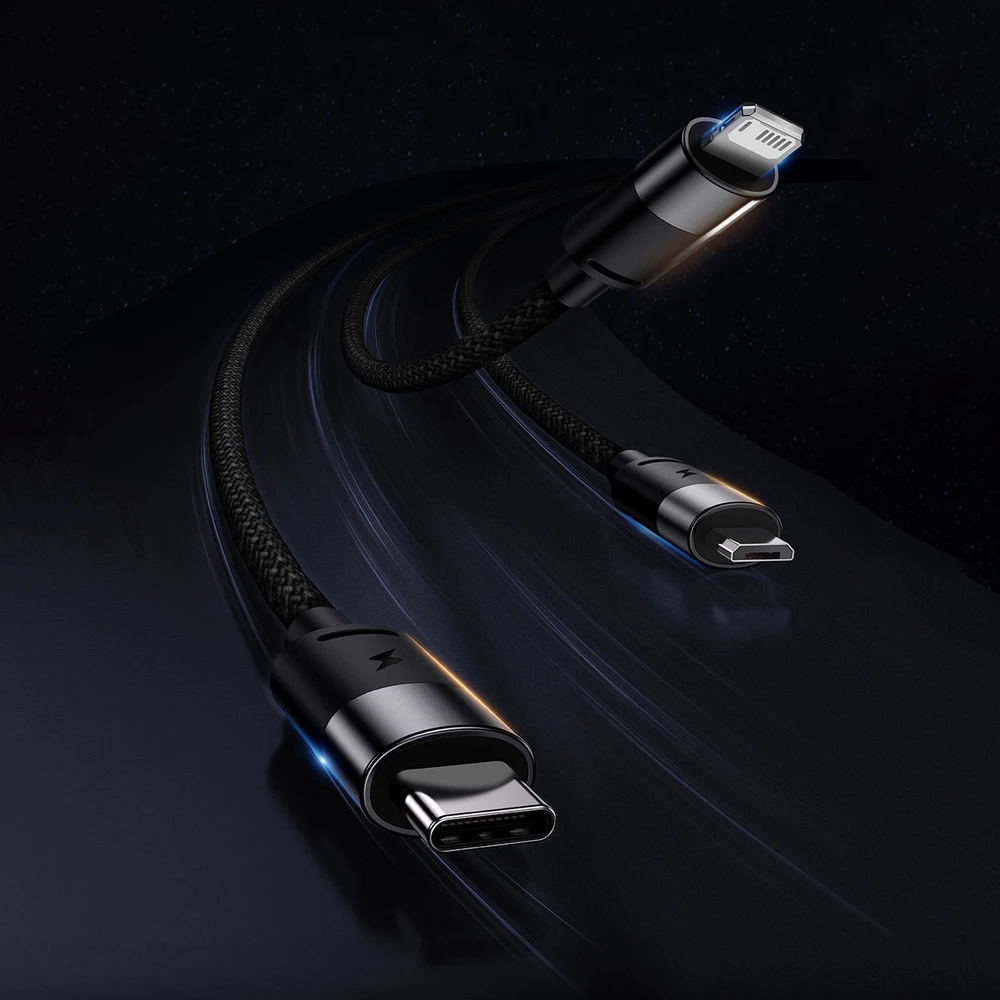 3in1 USB laidas Baseus StarSpeed Series, USB-C + Micro + Lightning 3.5A, 1.2m (juodas)