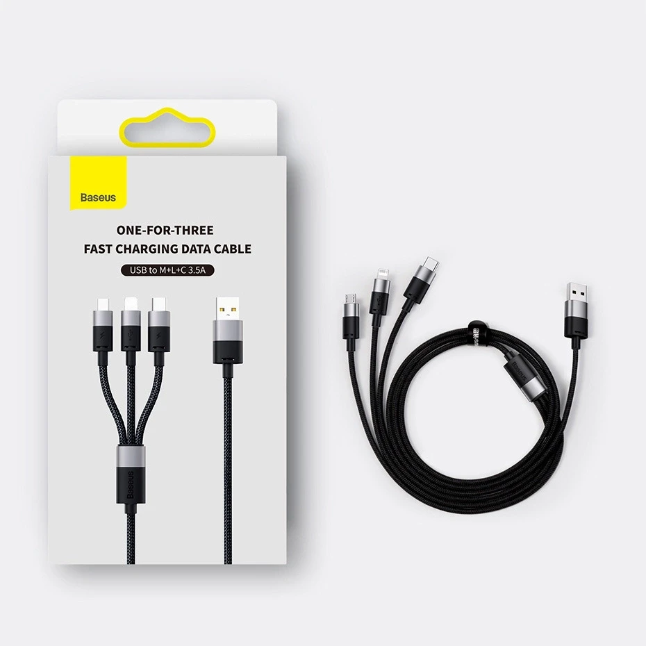 3in1 USB laidas Baseus StarSpeed Series, USB-C + Micro + Lightning 3.5A, 1.2m (juodas)
