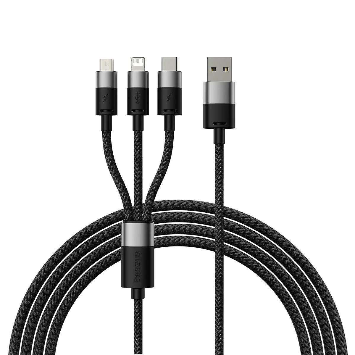 3in1 USB laidas Baseus StarSpeed Series, USB-C + Micro + Lightning 3.5A, 1.2m (juodas)