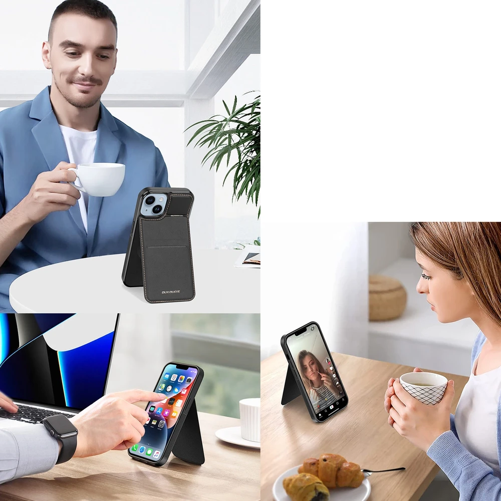 3in1 Wallet su stoveliu Apple iPhone 14 Plus MagSafe RFID Blocker Dux Ducis Rafi Mag – dėklas telefonui juodos spalvos