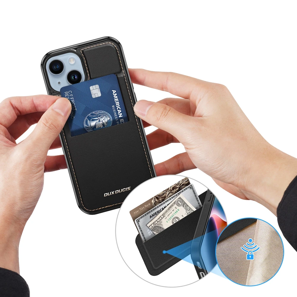 3in1 Wallet su stoveliu Apple iPhone 14 Plus MagSafe RFID Blocker Dux Ducis Rafi Mag – dėklas telefonui juodos spalvos