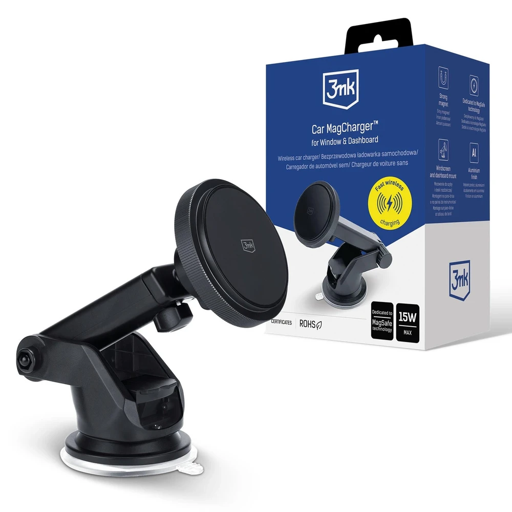 3MK Car MagCharger 15W indukcinio įkrovimo laikiklis priekiniam stiklui/prietaisų skydeliui juodos spalvos