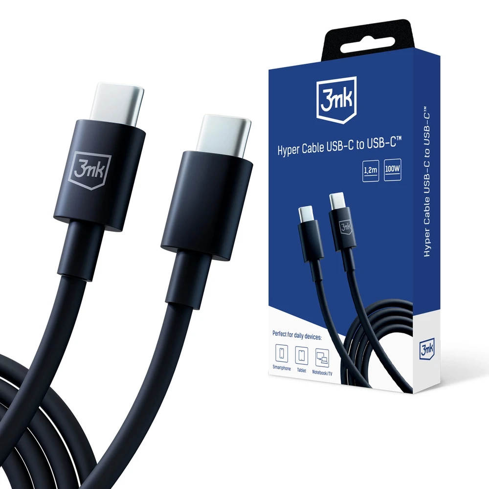 3MK Hyper Kabelis USB-C - USB-C 100W 1.2m juodos spalvos Kabelis