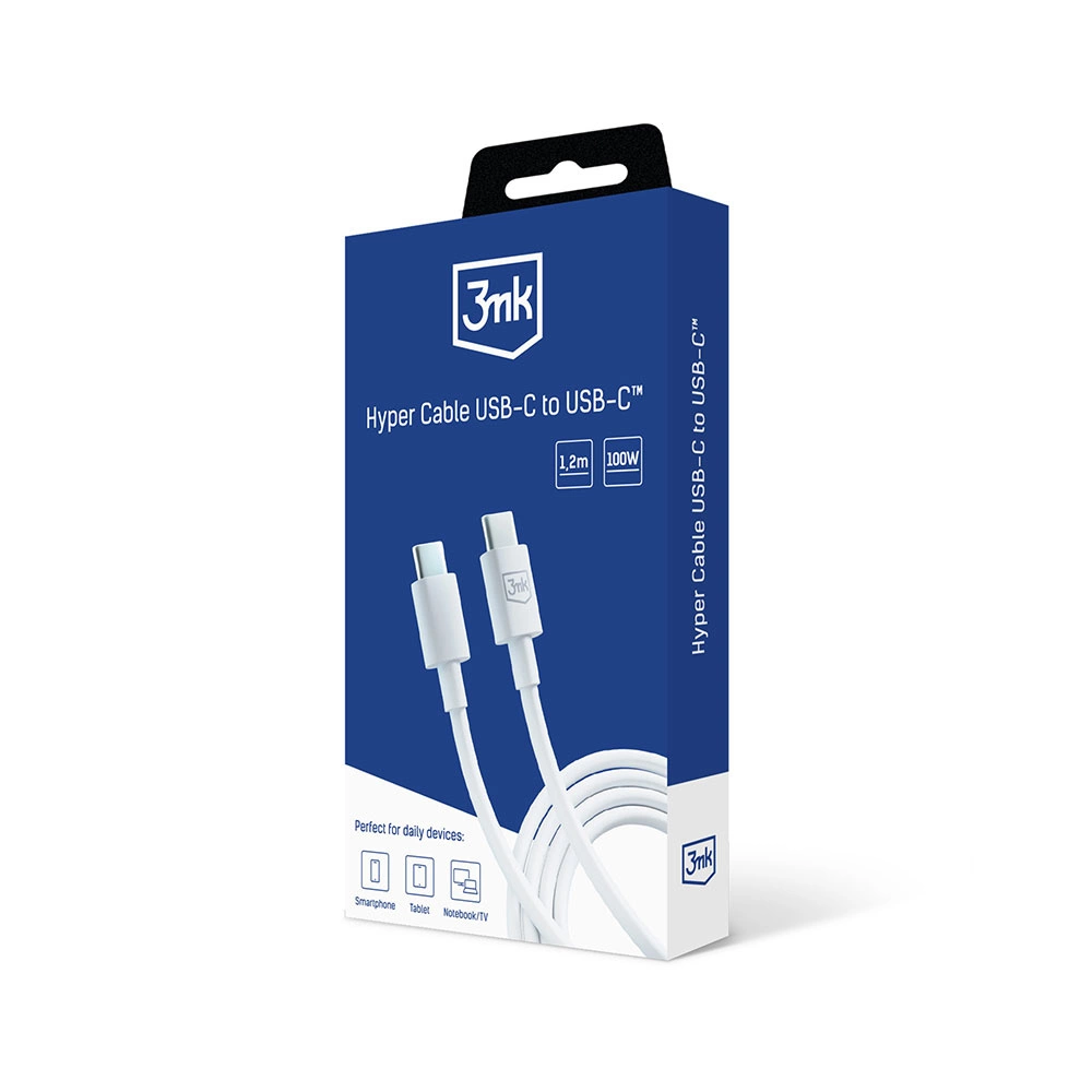 3MK Hyper Kabelis USB-C - USB-C 100W 1.2m baltos spalvos Kabelis