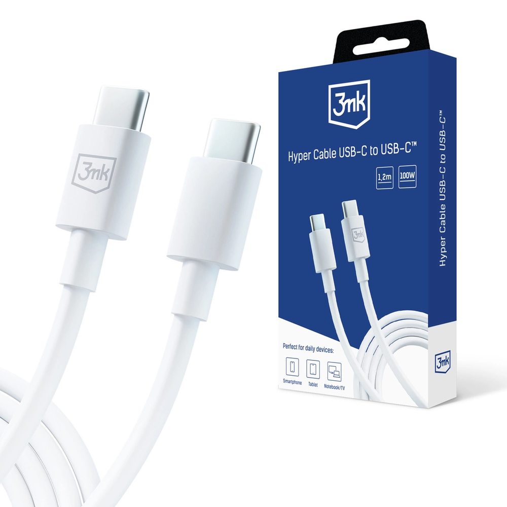 3MK Hyper Kabelis USB-C - USB-C 100W 1.2m baltos spalvos Kabelis