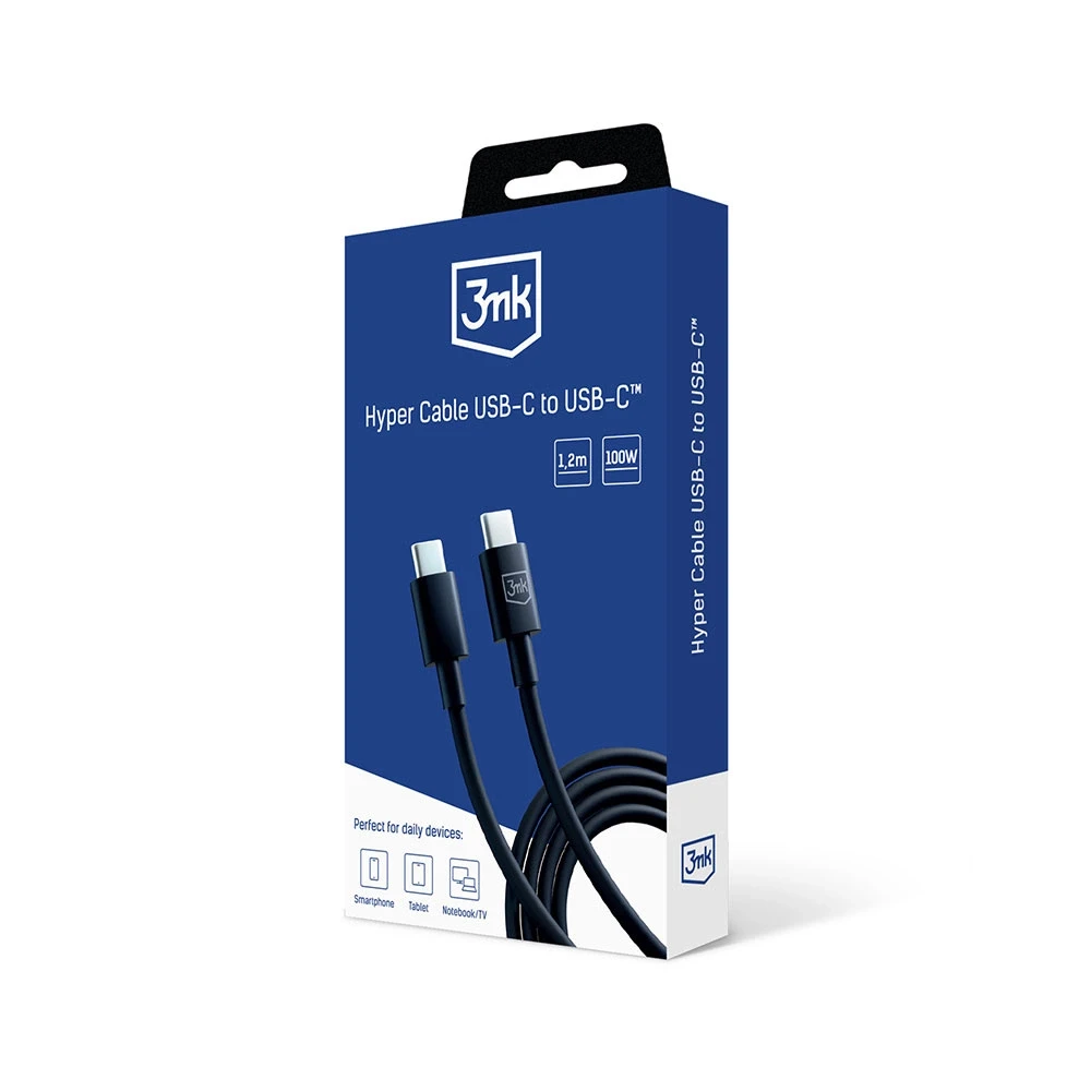 3MK Hyper Kabelis USB-C - USB-C 100W 1.2m juodos spalvos Kabelis