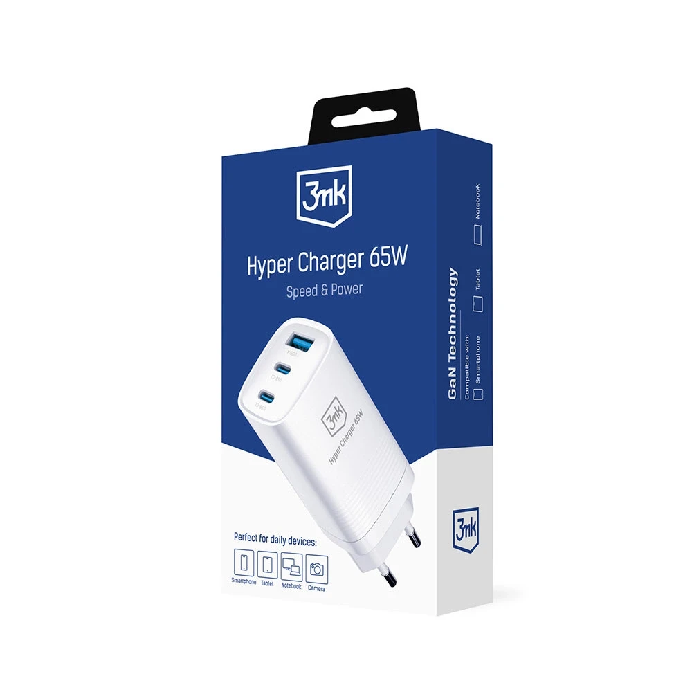 Įkroviklis buitinis 3mk HyperCharger 65W 2xUSB-C, 1xUSB-A PD 3.0/QC 4.0 baltas