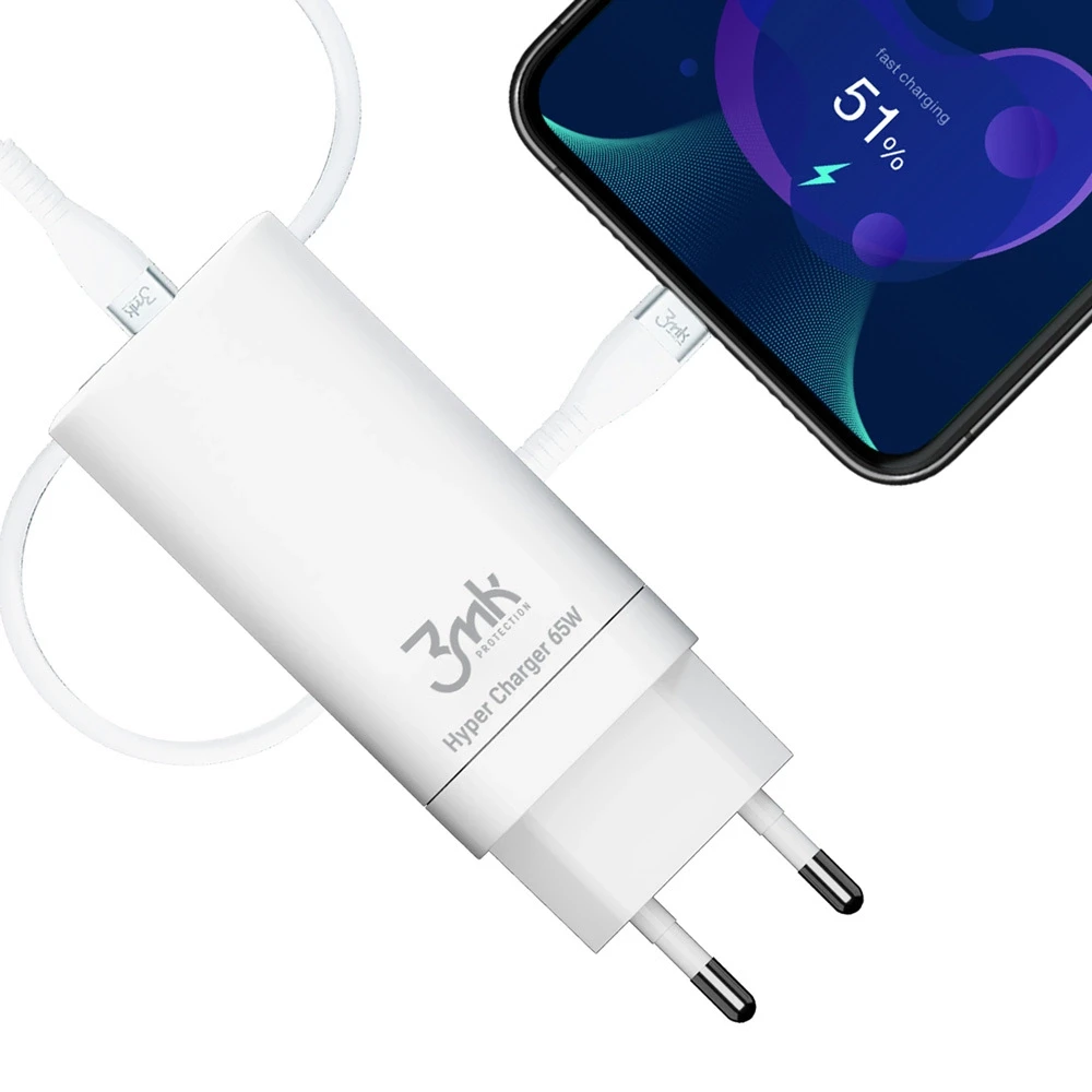 Įkroviklis buitinis 3mk HyperCharger 65W 2xUSB-C, 1xUSB-A PD 3.0/QC 4.0 baltas